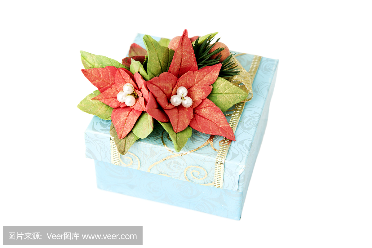 红色花朵的蓝色礼品盒